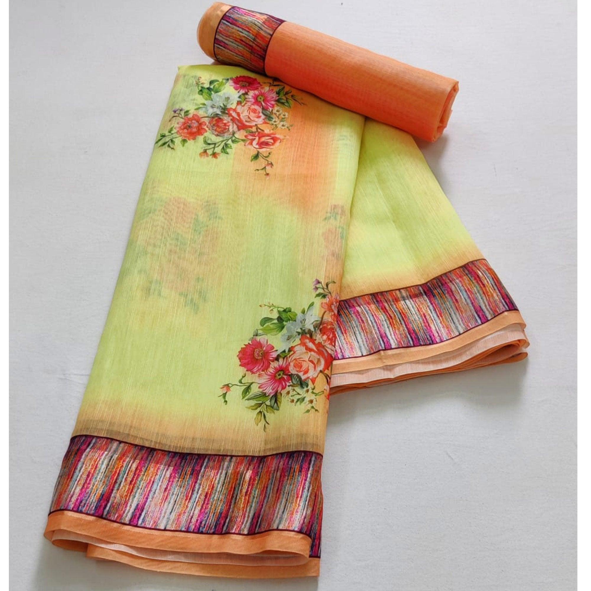 Lemon Green Casual Wear Floral Digital Printed Linen Saree - Peachmode