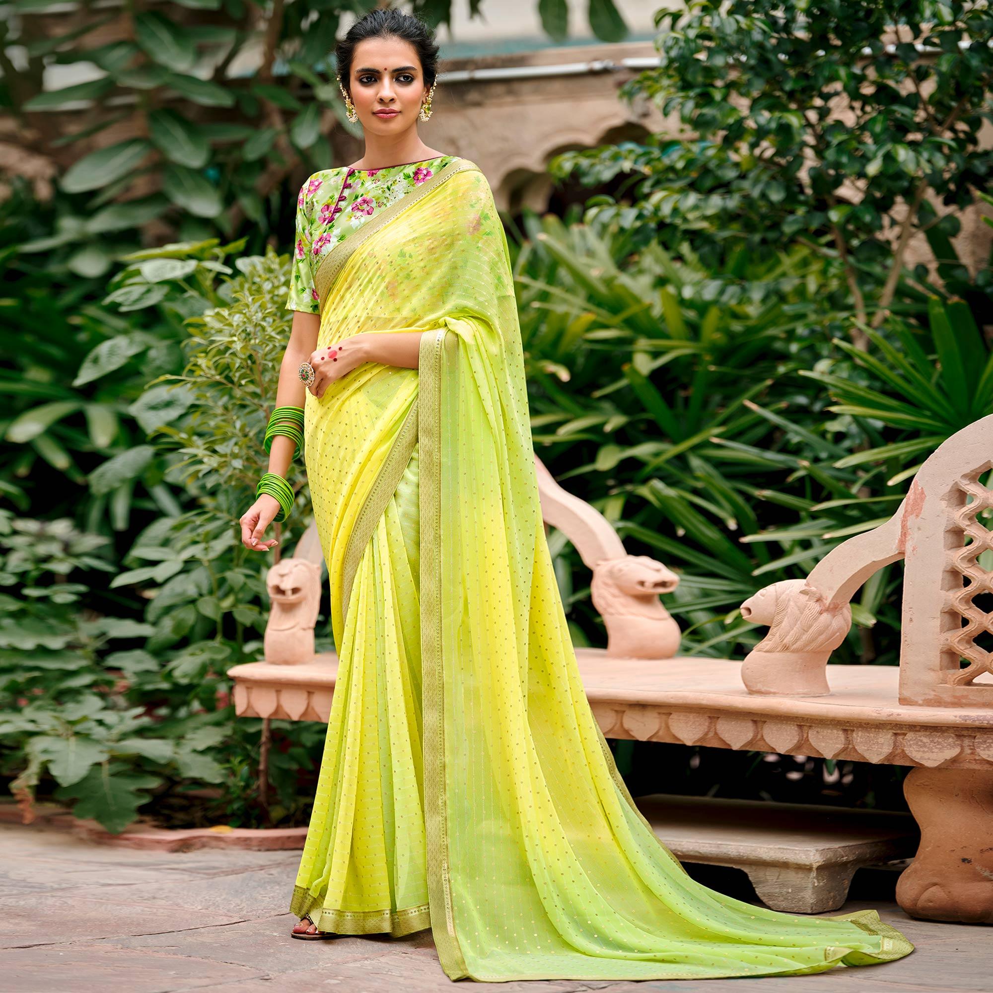 Lemon Green Casual Wear Foil Printed Georgette Saree - Peachmode