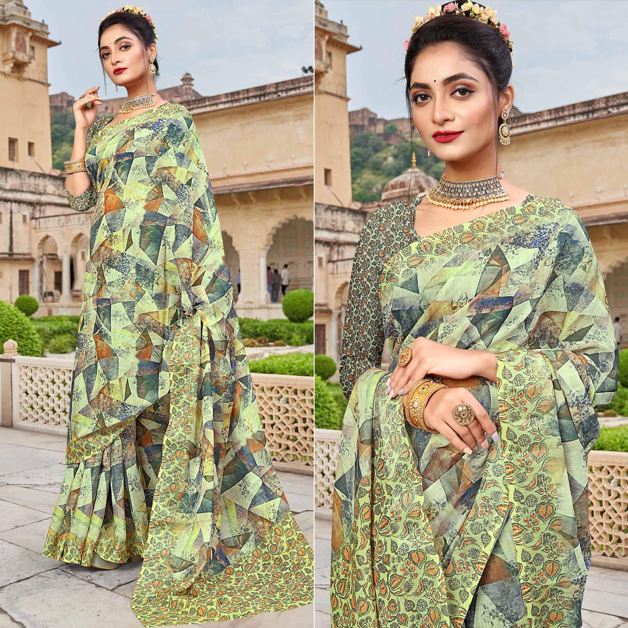 Lemon Green Digital Printed Linen Saree - Peachmode