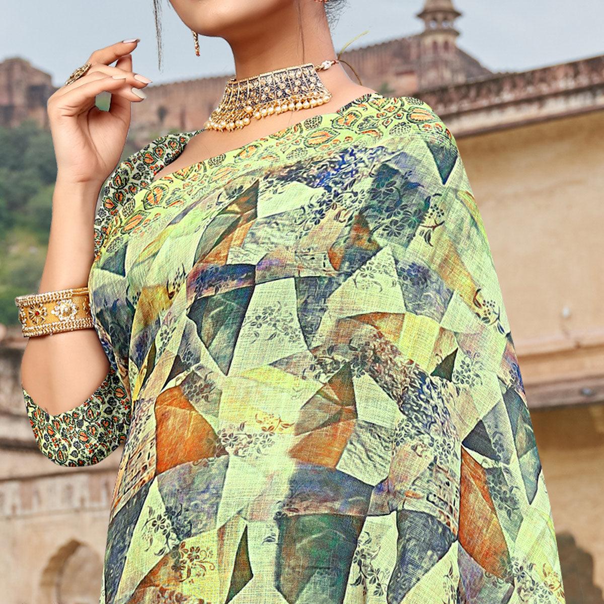 Lemon Green Digital Printed Linen Saree - Peachmode