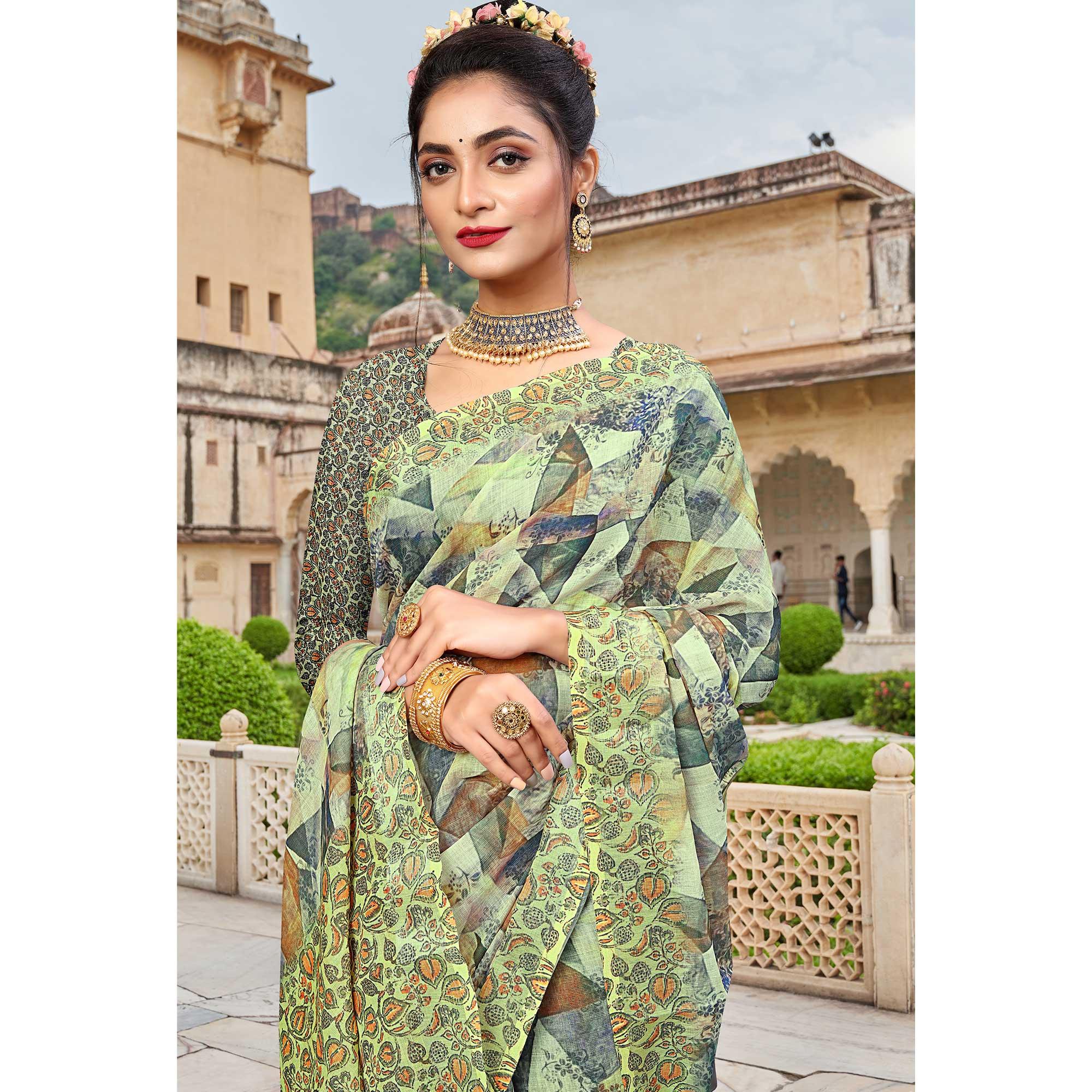 Lemon Green Digital Printed Linen Saree - Peachmode