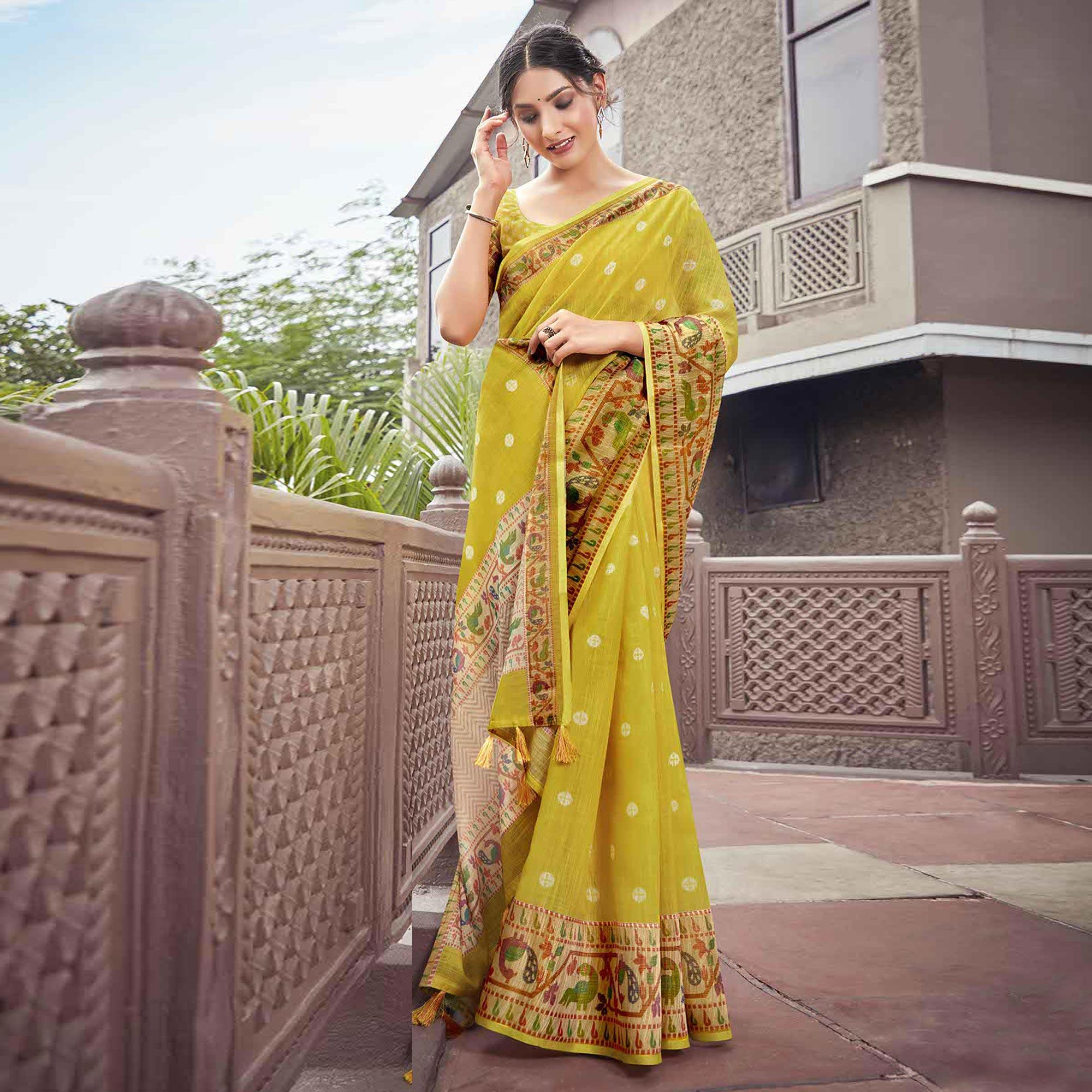 Lemon Green Festive Wear Printed Linen Saree With Border - Peachmode