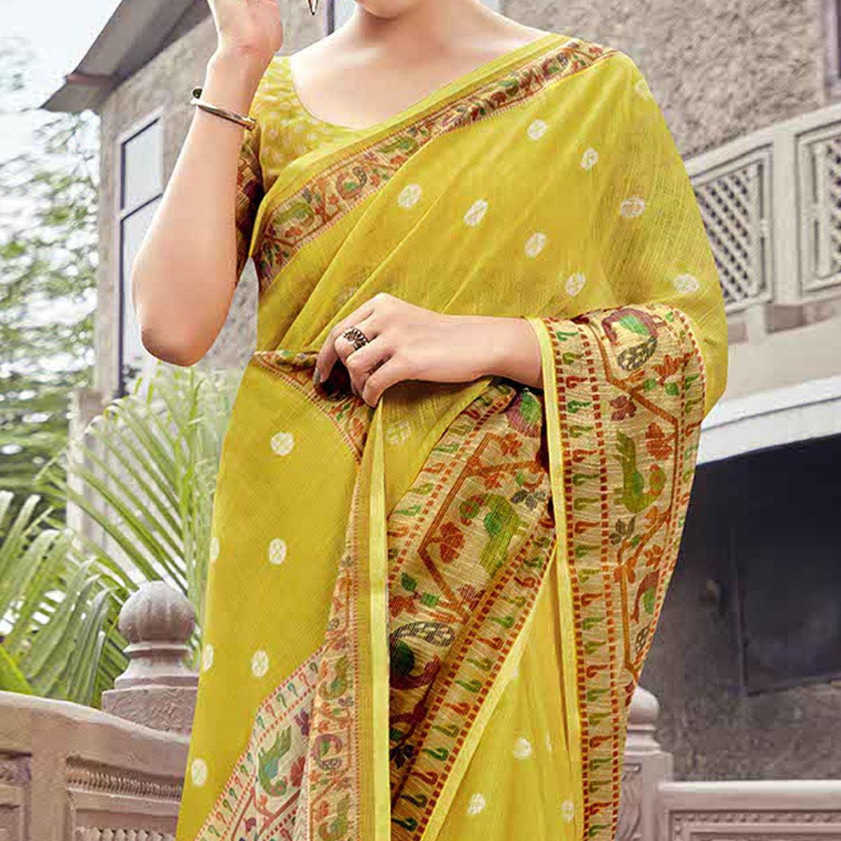Lemon Green Festive Wear Printed Linen Saree With Border - Peachmode