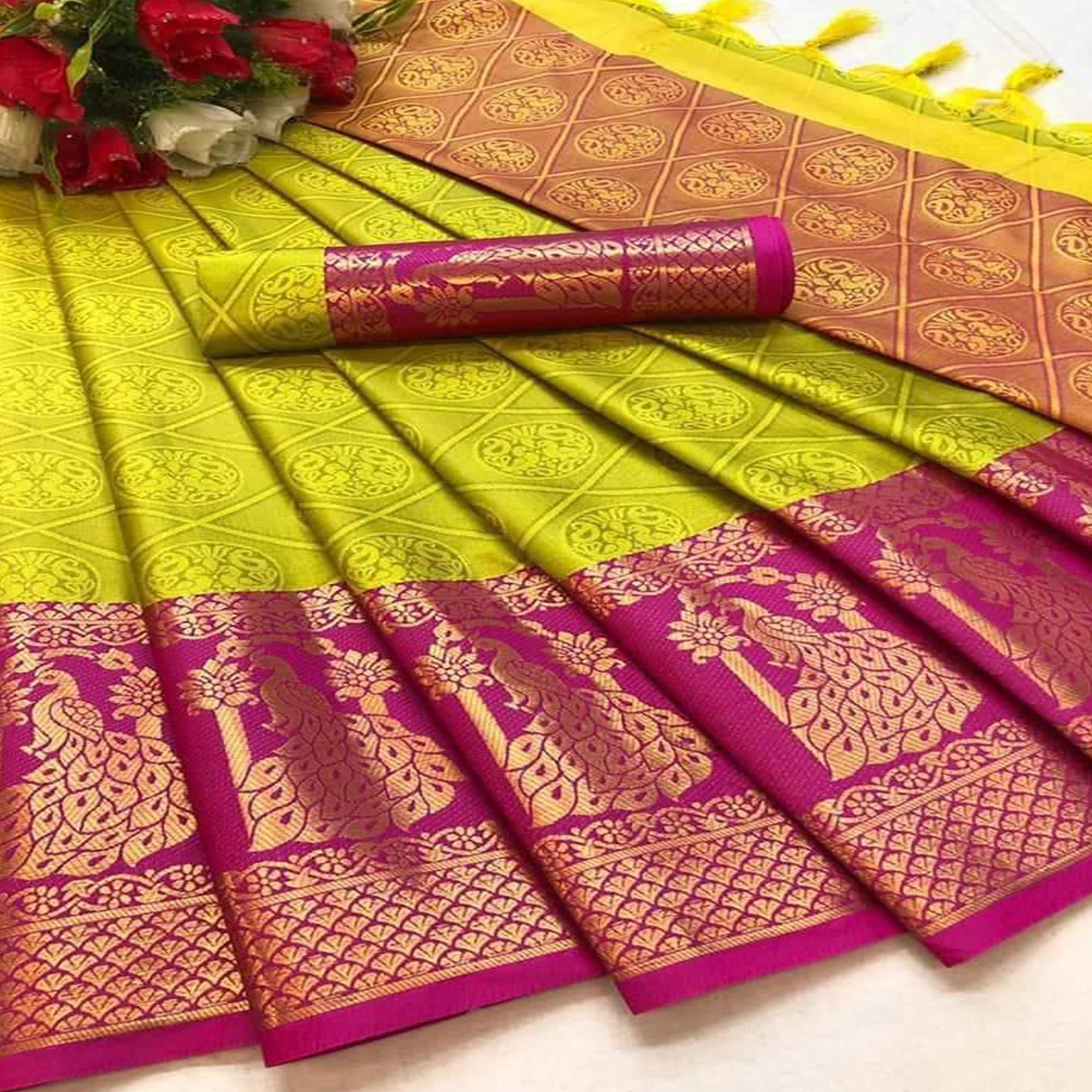 Lemon Green Festive Wear Woven Cotton Silk Saree - Peachmode