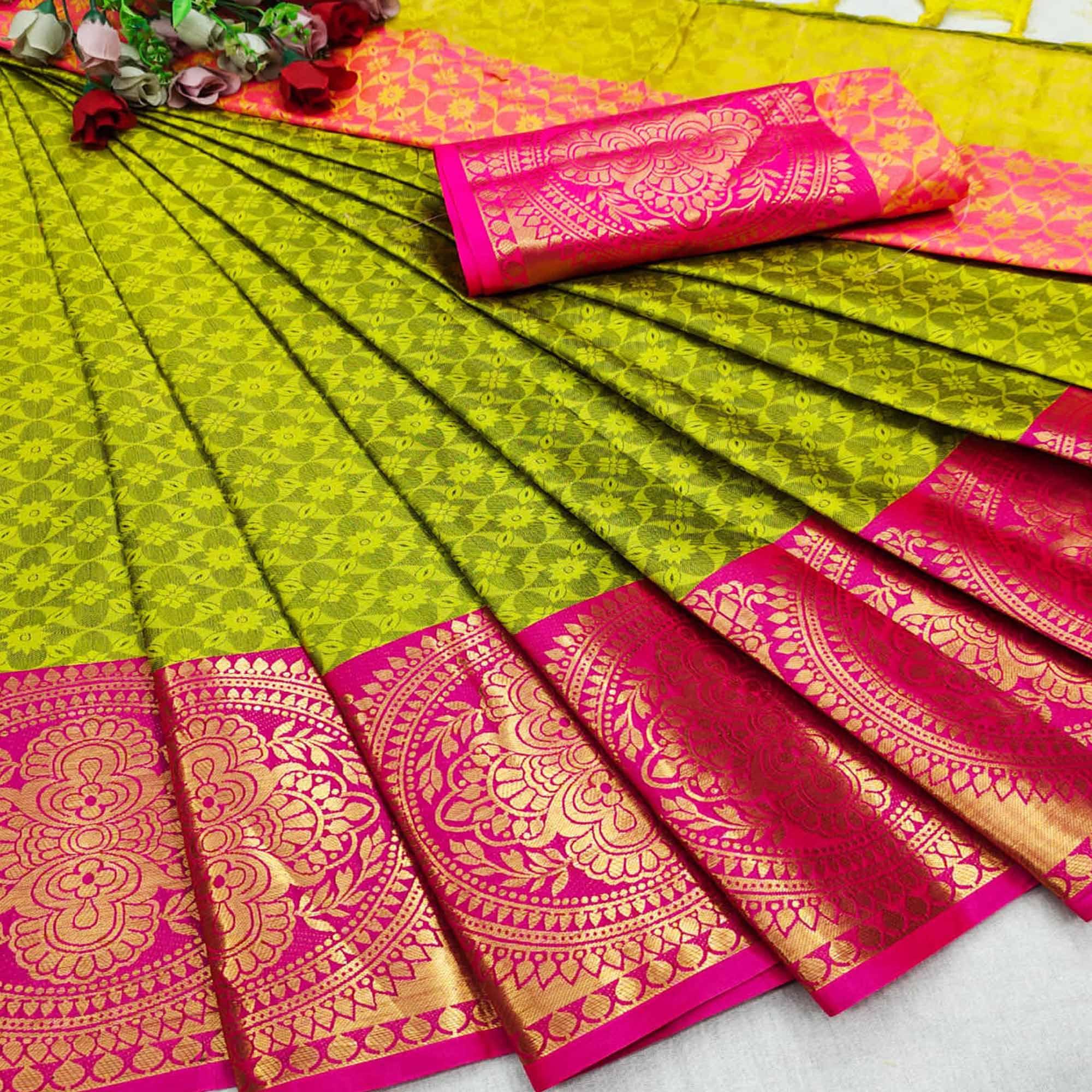 Lemon Green Festive Wear Woven Desginer Cotton Silk Saree - Peachmode