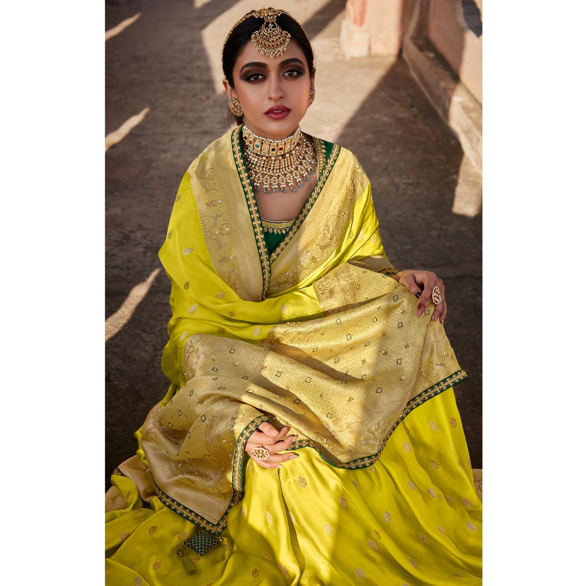 Lemon Green Festive Wear Woven Silk Saree - Peachmode