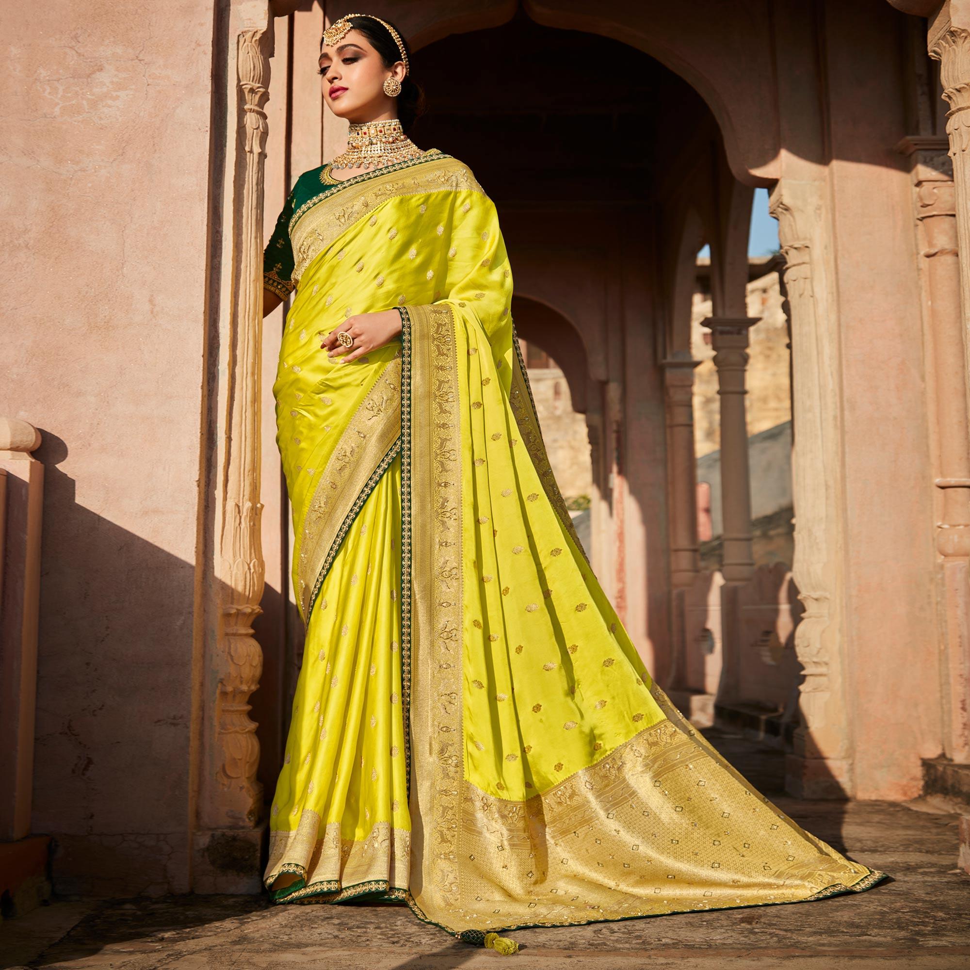 Lemon Green Festive Wear Woven Silk Saree - Peachmode