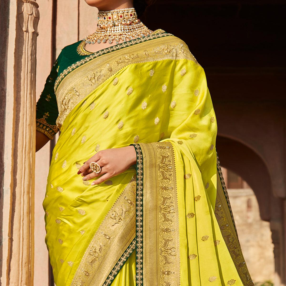 Lemon Green Festive Wear Woven Silk Saree - Peachmode