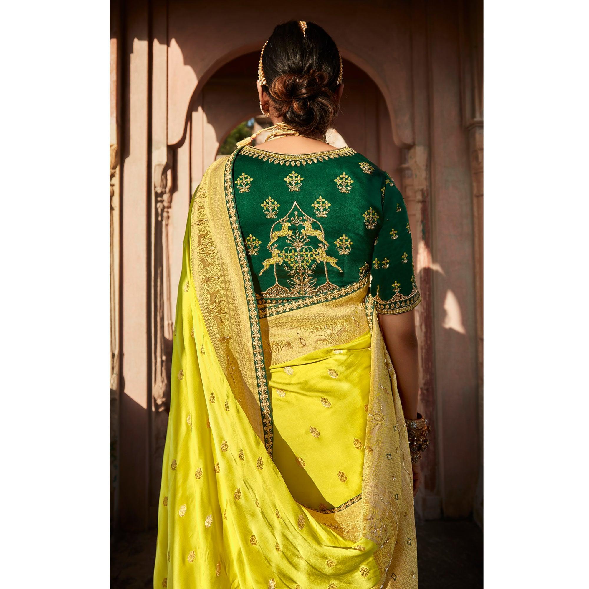 Lemon Green Festive Wear Woven Silk Saree - Peachmode
