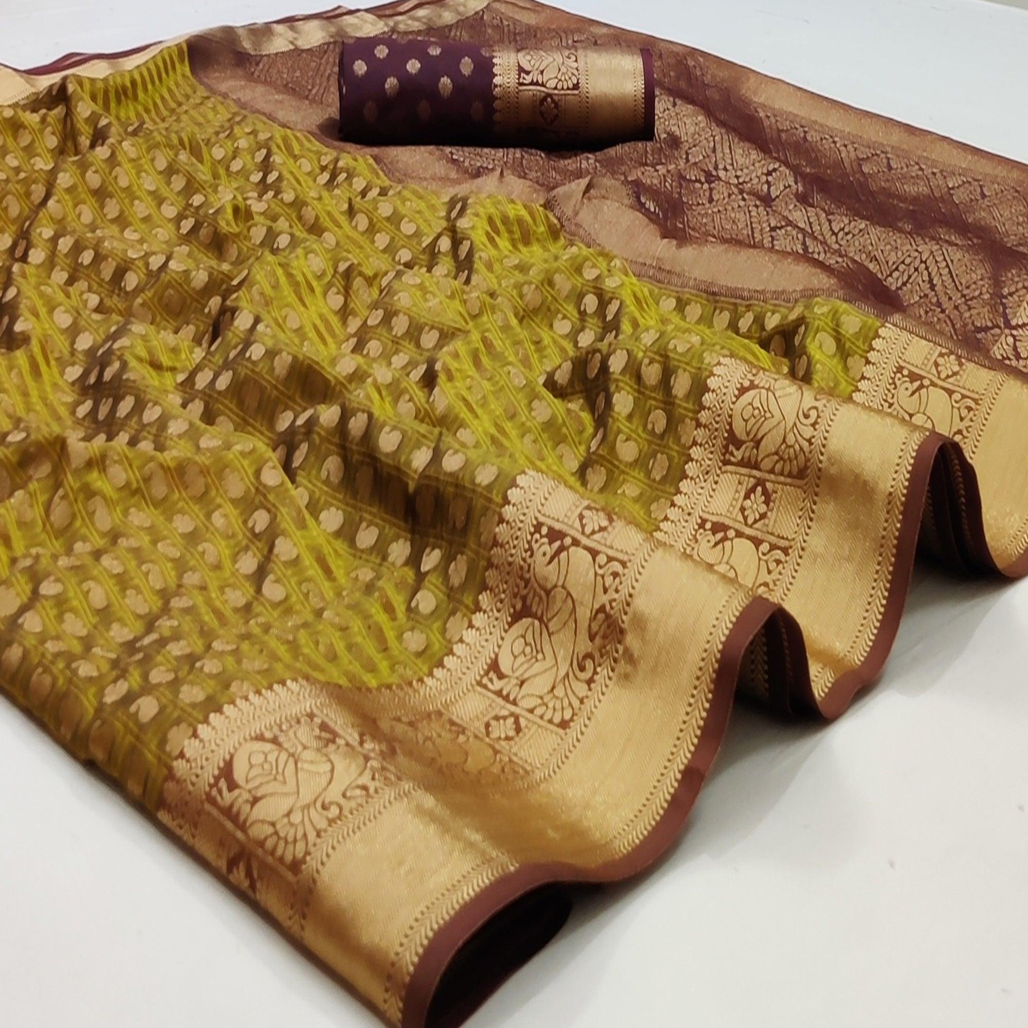 Lemon Green Festive Wear Woven Silk Saree With Jacquard Border - Peachmode