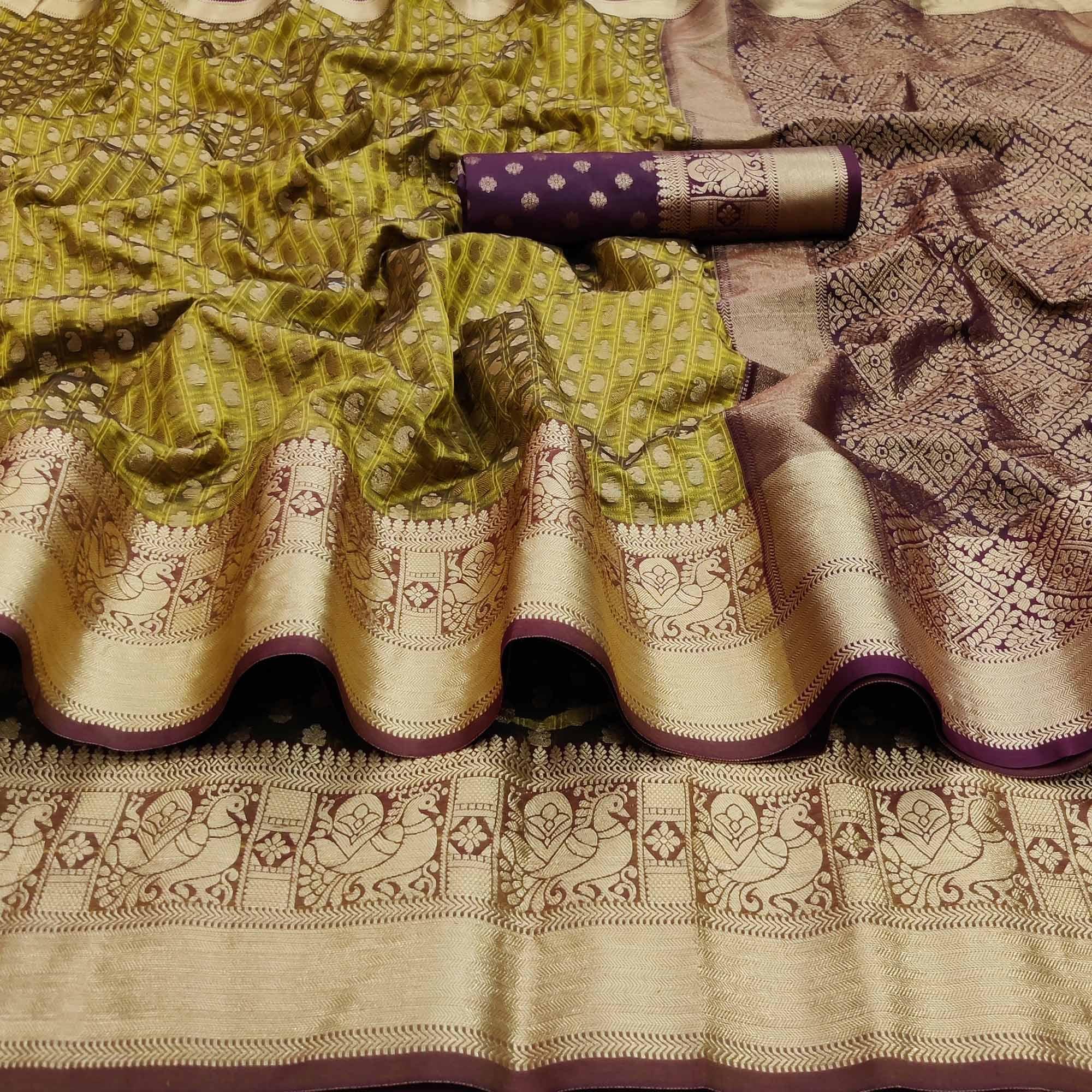 Lemon Green Festive Wear Woven Silk Saree With Jacquard Border - Peachmode