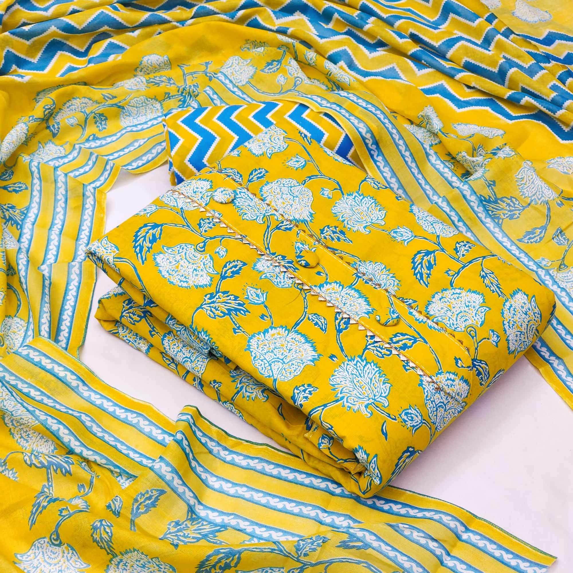 Lemon Green Floral Printed Cotton Blend Dress Material - Peachmode