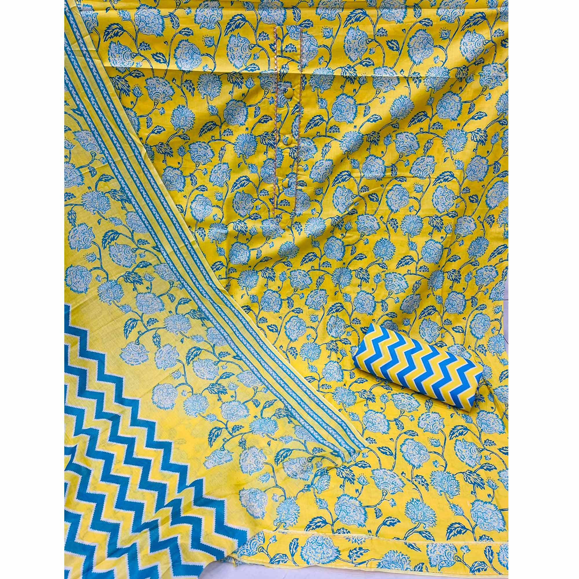 Lemon Green Floral Printed Cotton Blend Dress Material - Peachmode