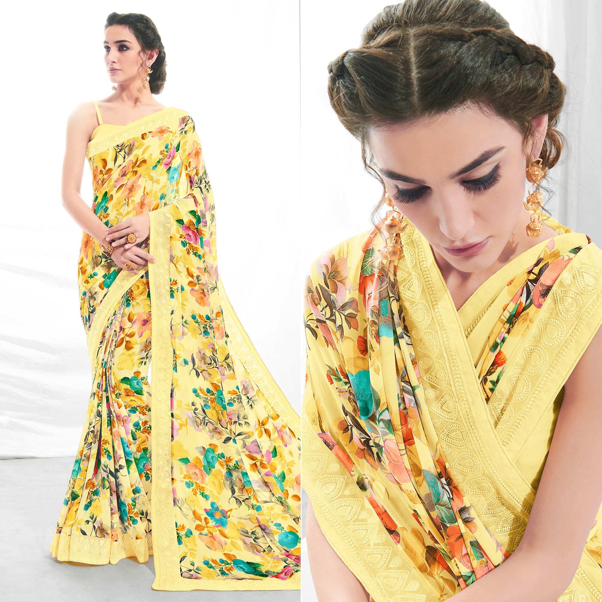 Lemon Green Floral Printed With Embroidered Border Georgette Saree - Peachmode