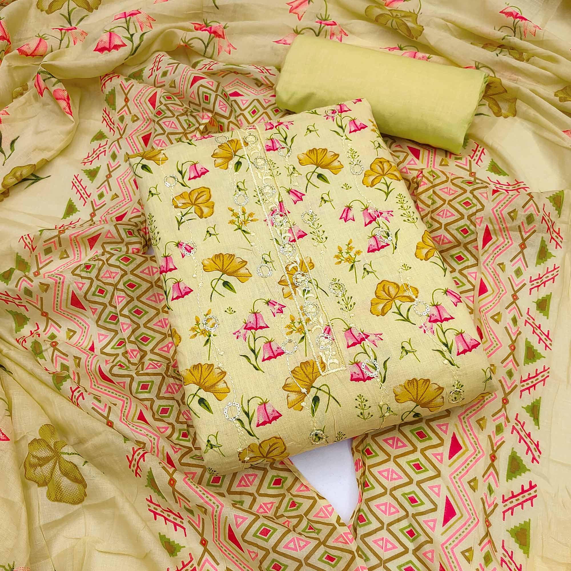 Lemon Green Floral Printed With Embroidered Pure Cotton Dress Material - Peachmode