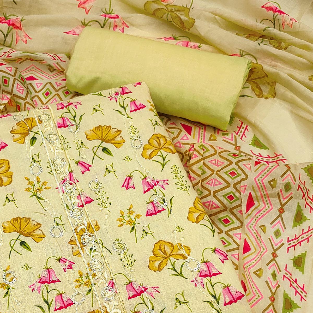 Lemon Green Floral Printed With Embroidered Pure Cotton Dress Material - Peachmode