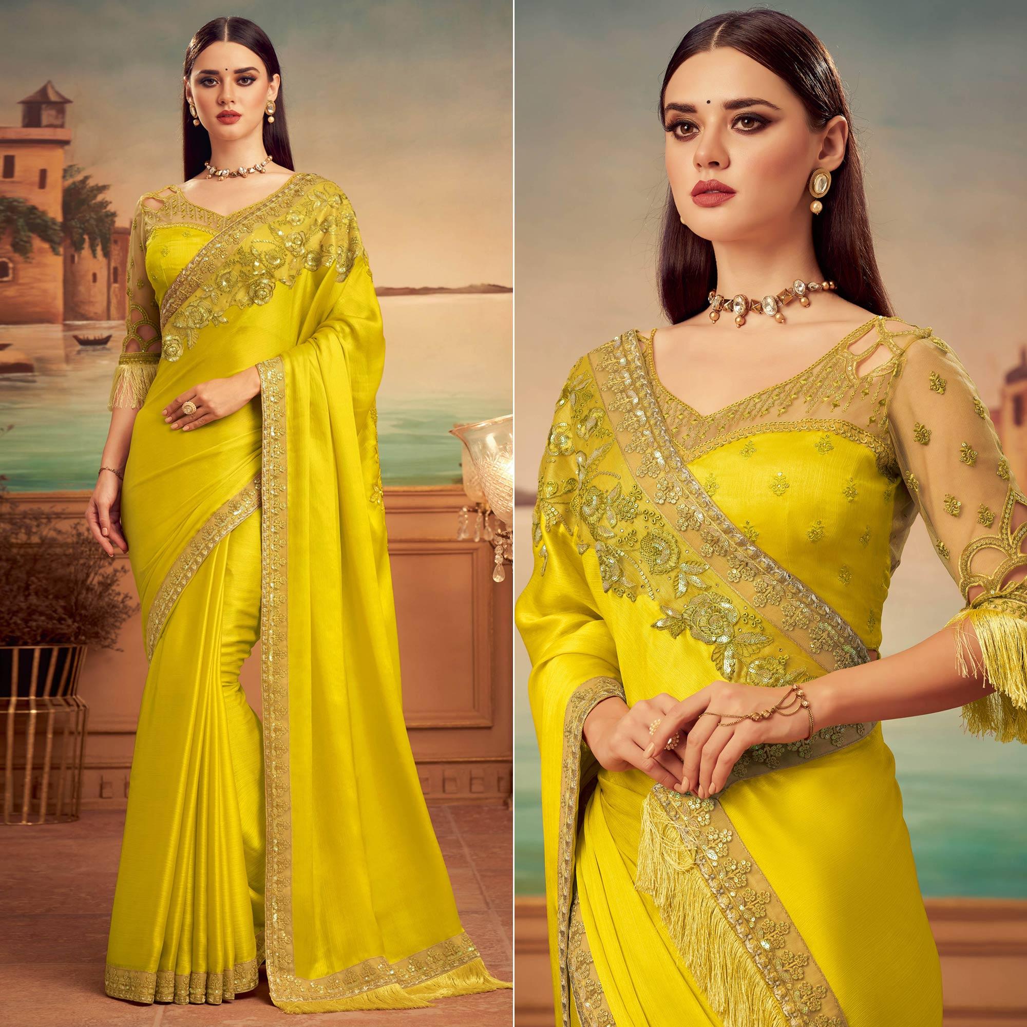 Lemon Green Floral Sequence Embroidered Art Silk Saree - Peachmode
