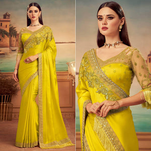 Lemon Green Floral Sequence Embroidered Art Silk Saree - Peachmode