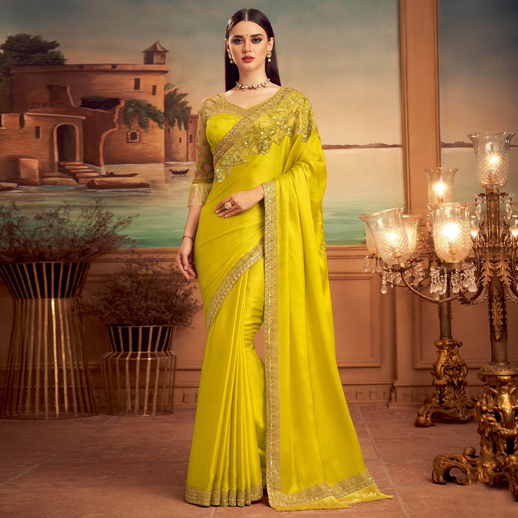 Lemon Green Floral Sequence Embroidered Art Silk Saree - Peachmode