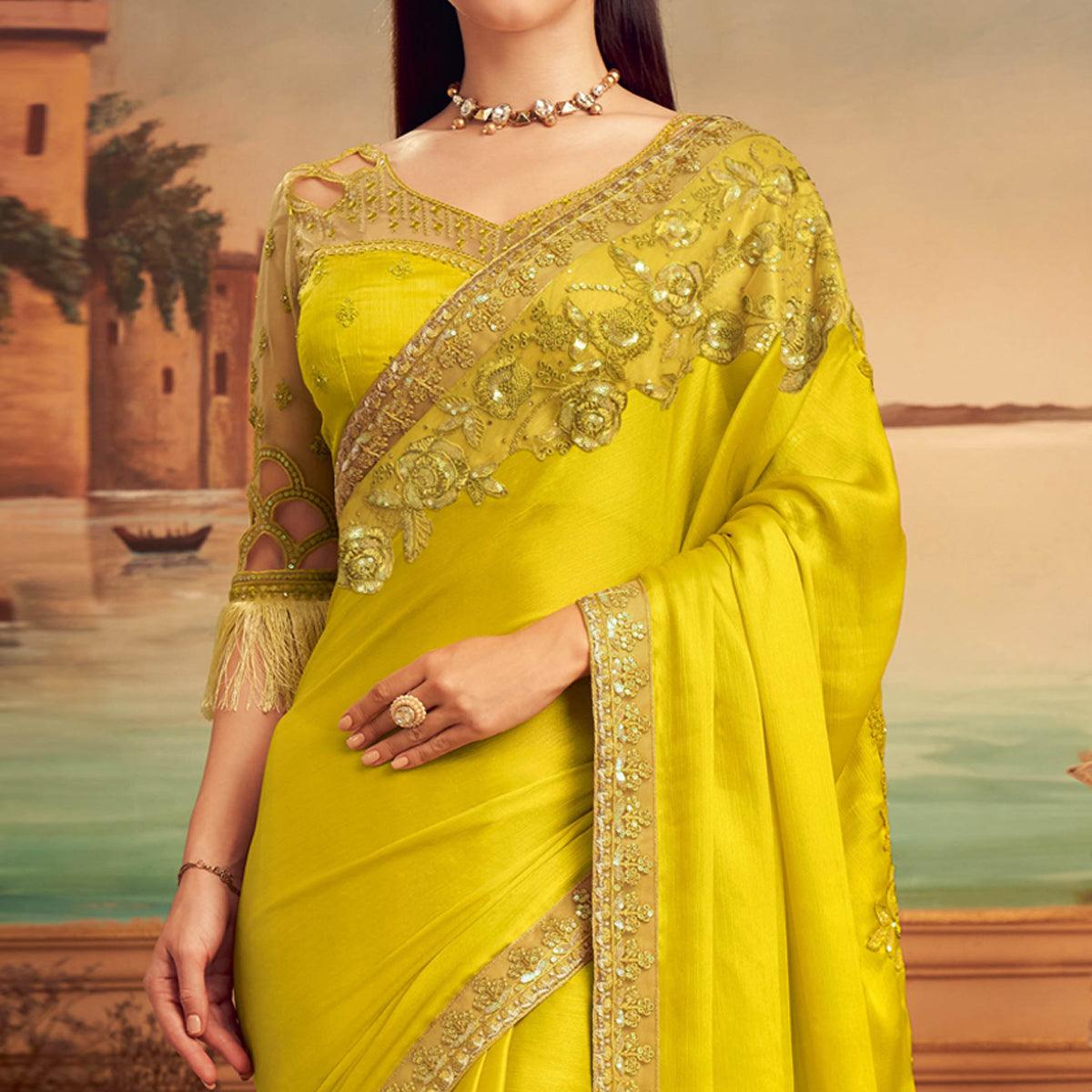 Lemon Green Floral Sequence Embroidered Art Silk Saree - Peachmode