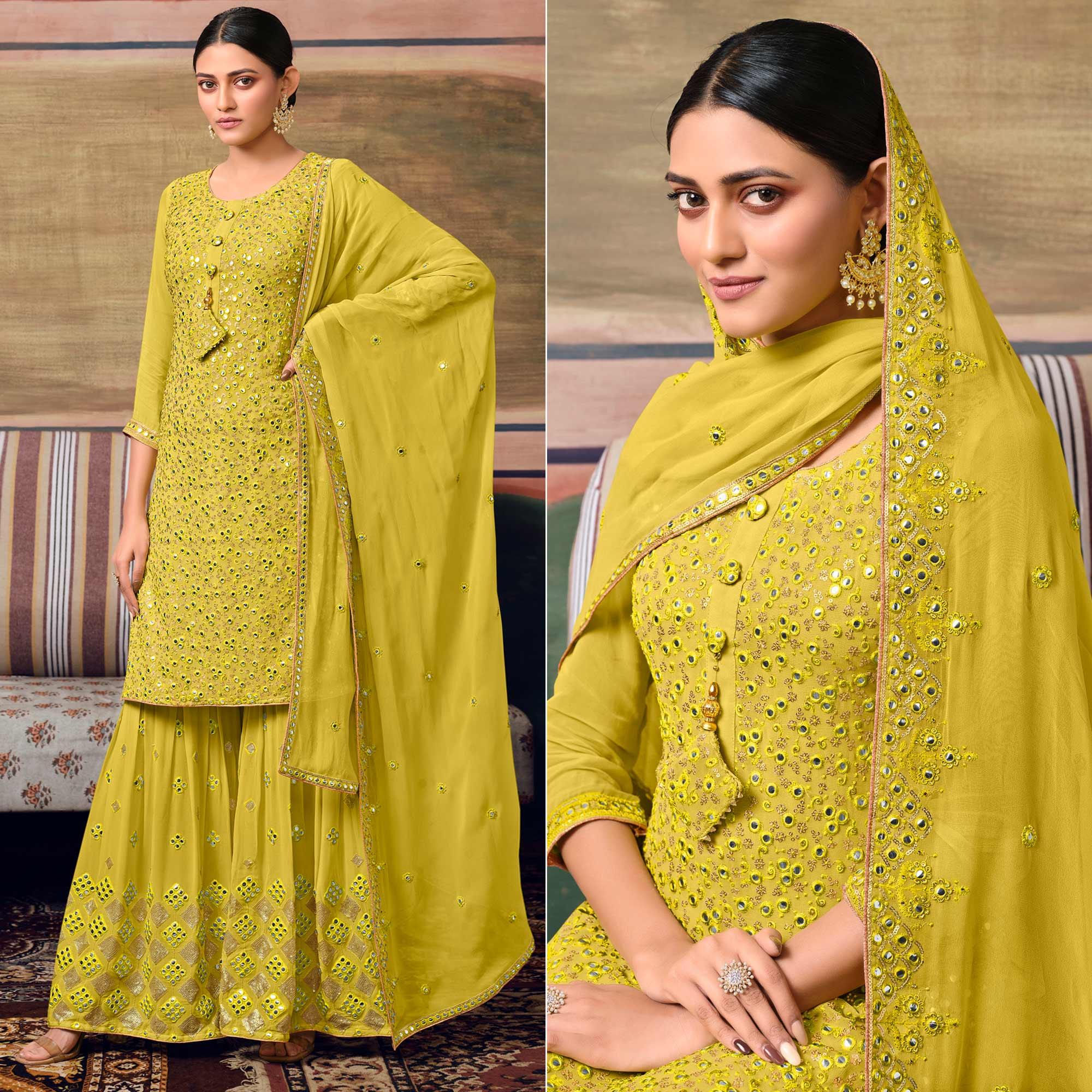 Lemon Green Partywear Embroidery With Embellished Georgette Sharara Suit - Peachmode
