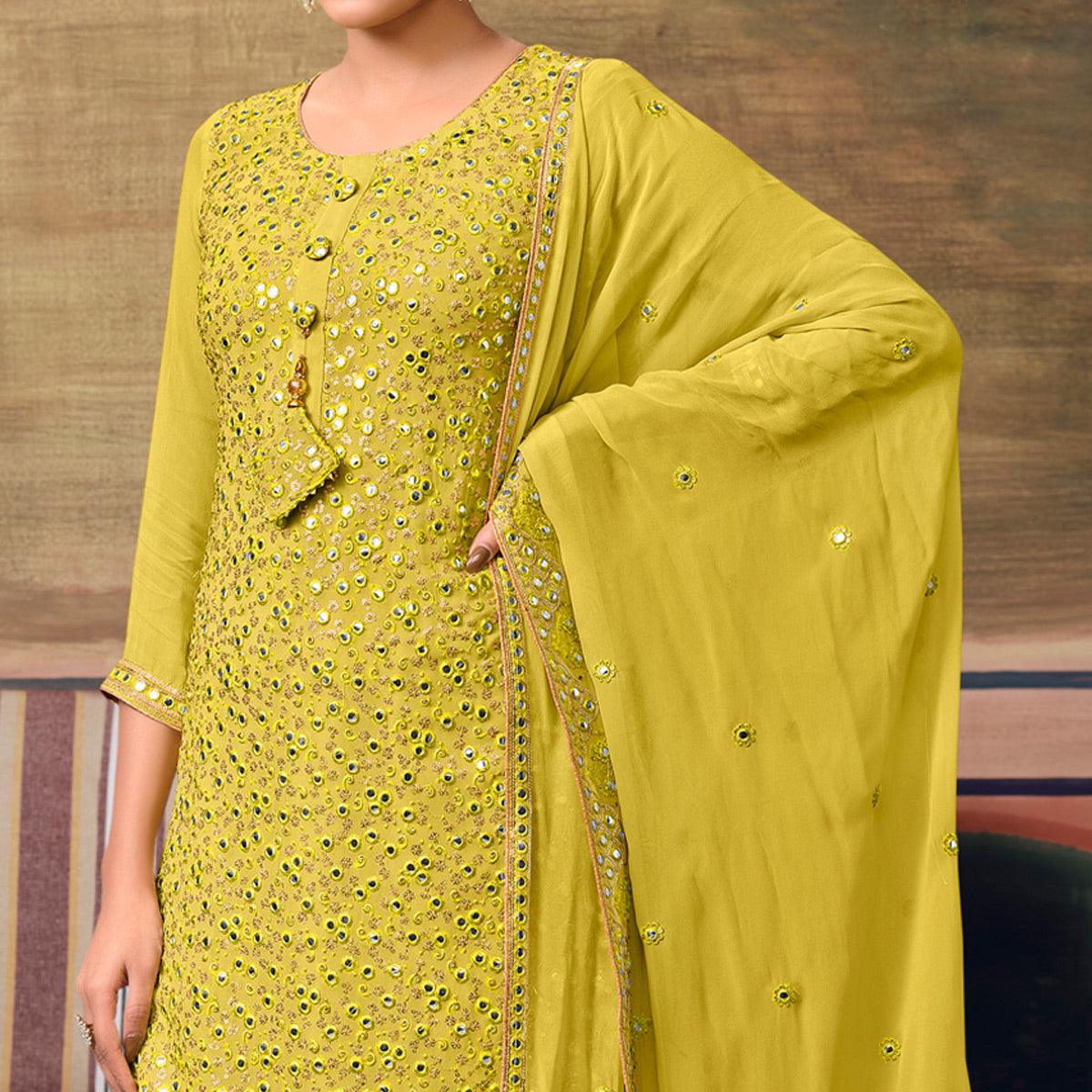 Lemon Green Partywear Embroidery With Embellished Georgette Sharara Suit - Peachmode