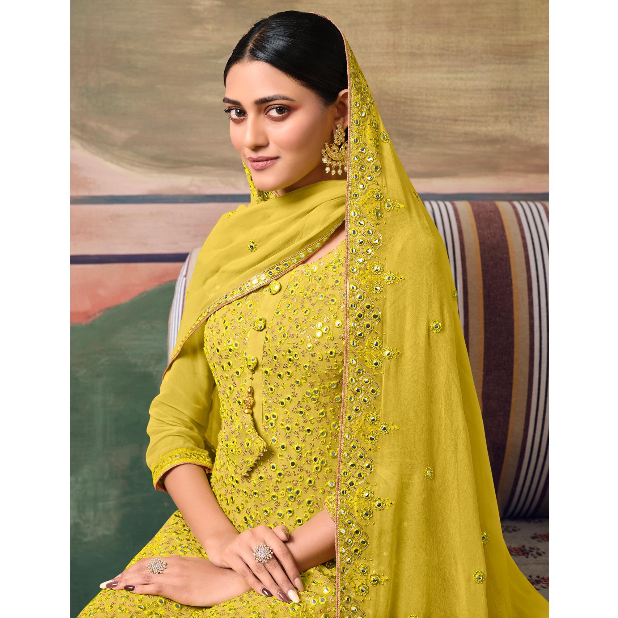 Lemon Green Partywear Embroidery With Embellished Georgette Sharara Suit - Peachmode