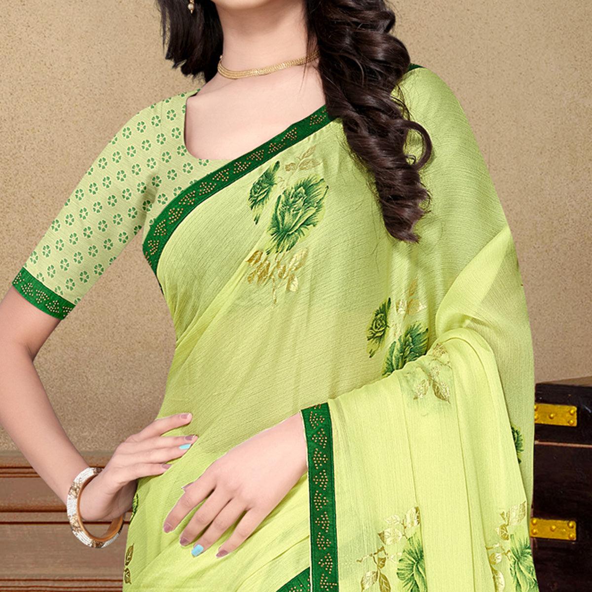 Lemon Green Partywear Foil Printed & Embellished Moss Chiffon Saree - Peachmode