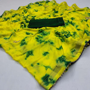 Lemon Green Printed Chiffon Saree - Peachmode