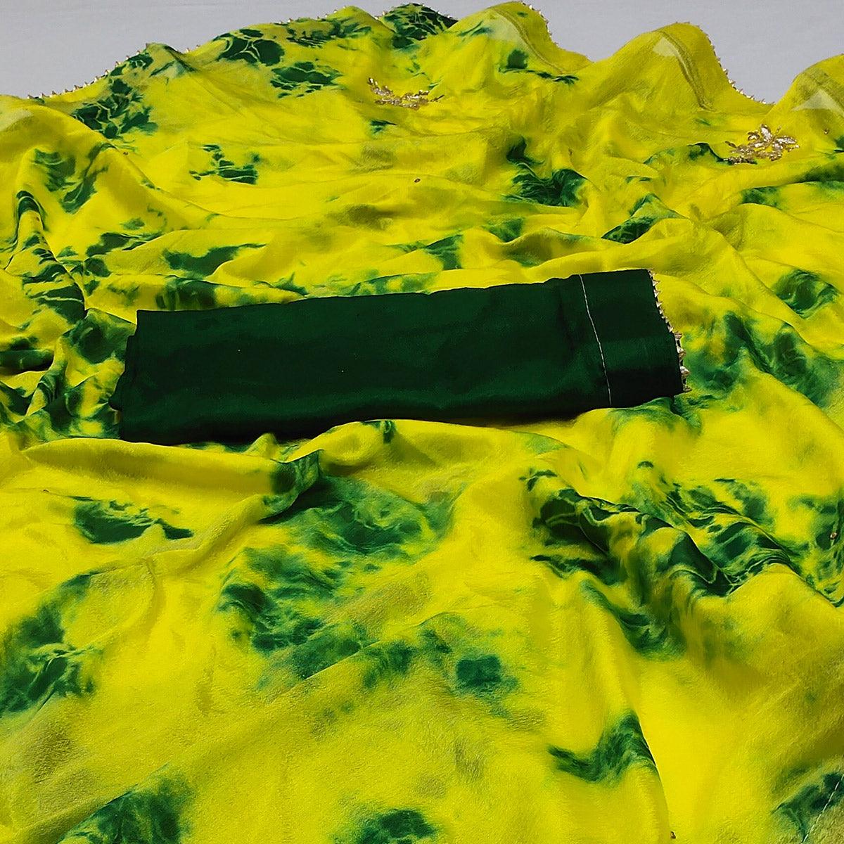 Lemon Green Printed Chiffon Saree - Peachmode