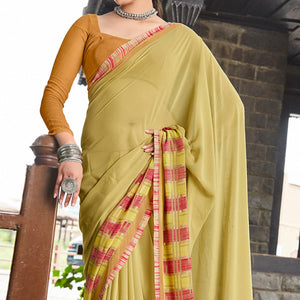 Lemon Green Printed Geoergette Saree - Peachmode