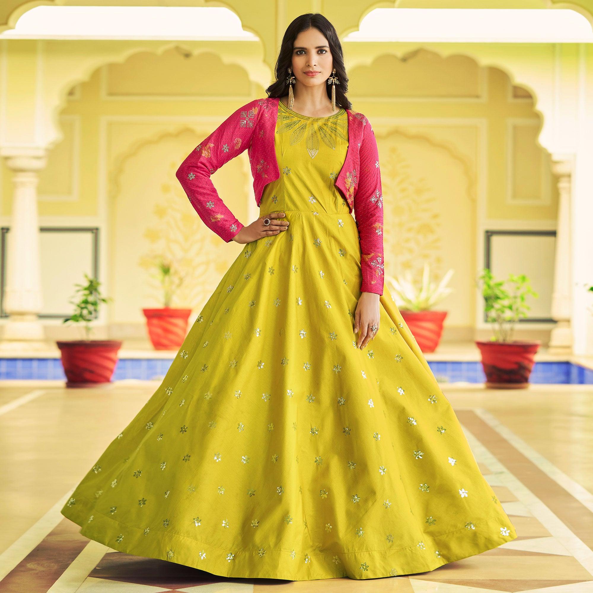 Lemon Green Sequence Embroidered Pure Cotton Gown With Koti - Peachmode