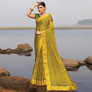 Lemon Green Woven Chiffon Saree - Peachmode