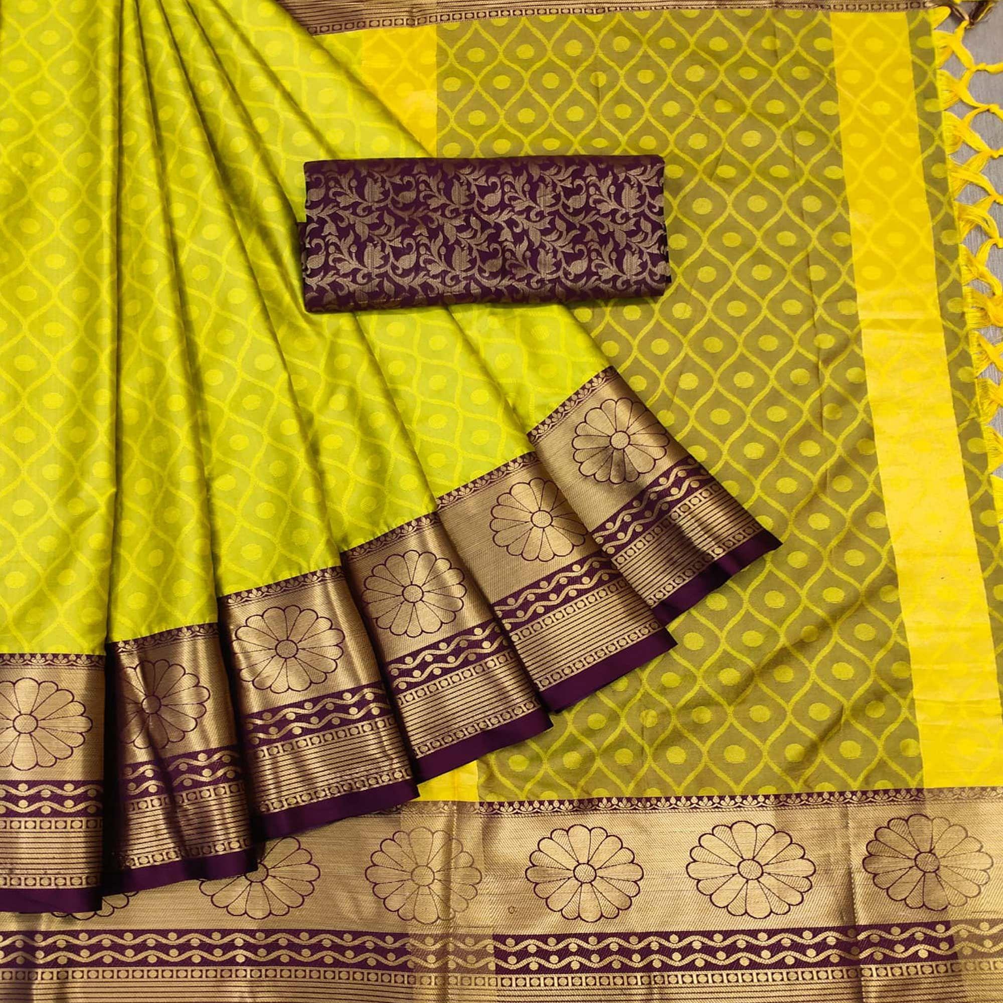 Lemon Green Woven Cotton Silk Saree - Peachmode