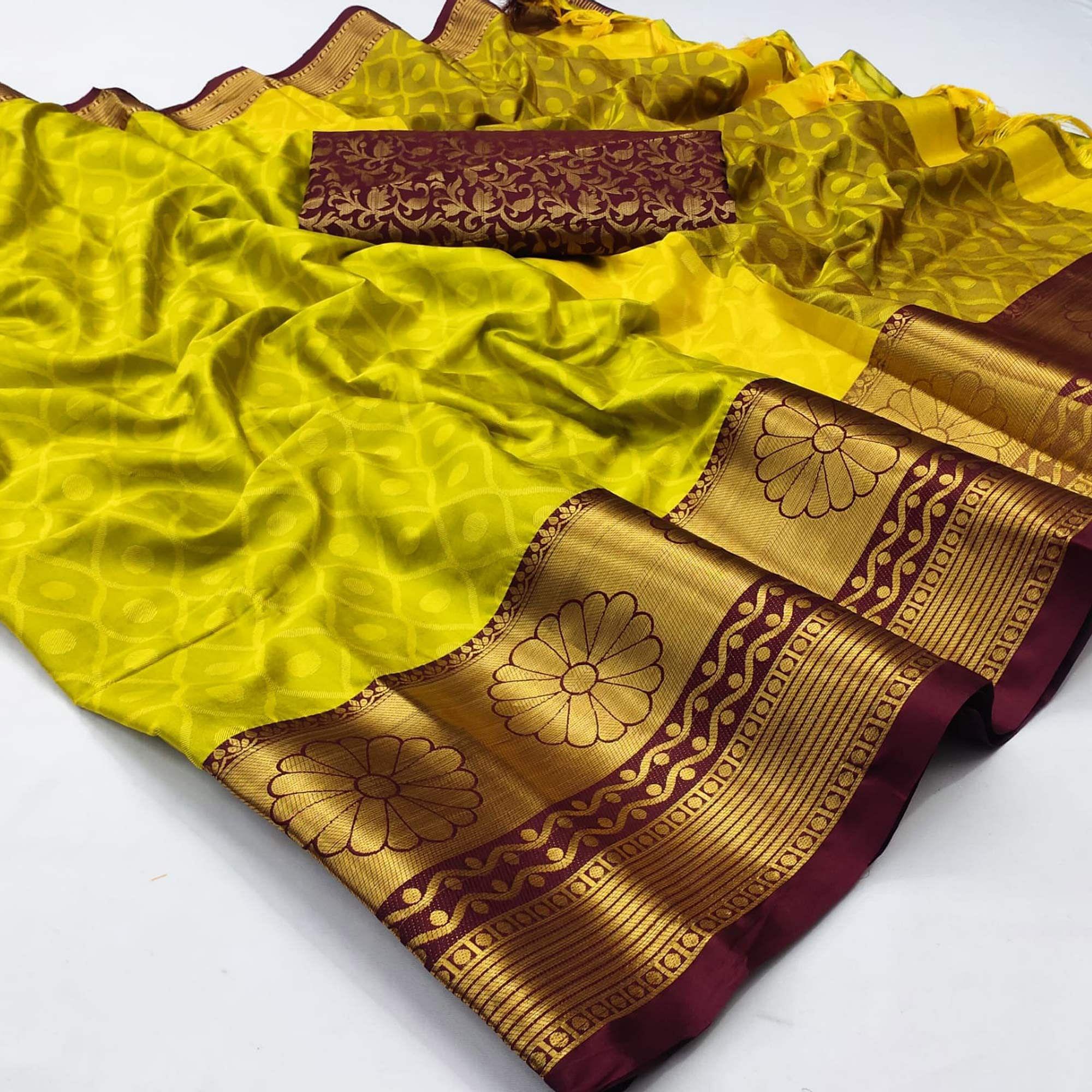 Lemon Green Woven Cotton Silk Saree - Peachmode