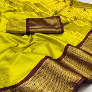 Lemon Green Woven Cotton Silk Saree - Peachmode