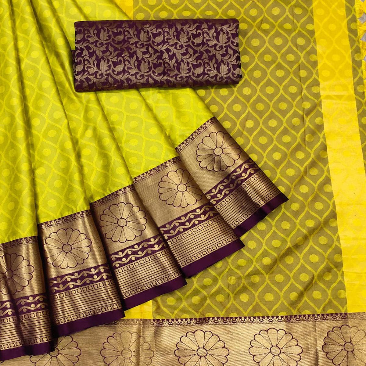 Lemon Green Woven Cotton Silk Saree - Peachmode