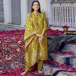 Lemon Green Woven Dola Silk Kurti Pant Set With Dupatta - Peachmode