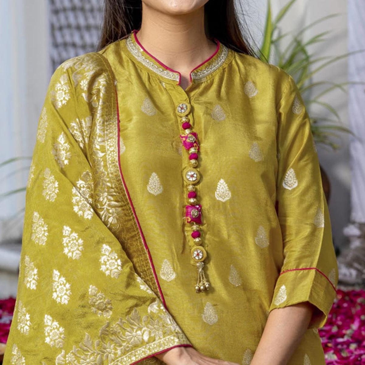 Lemon Green Woven Dola Silk Kurti Pant Set With Dupatta - Peachmode