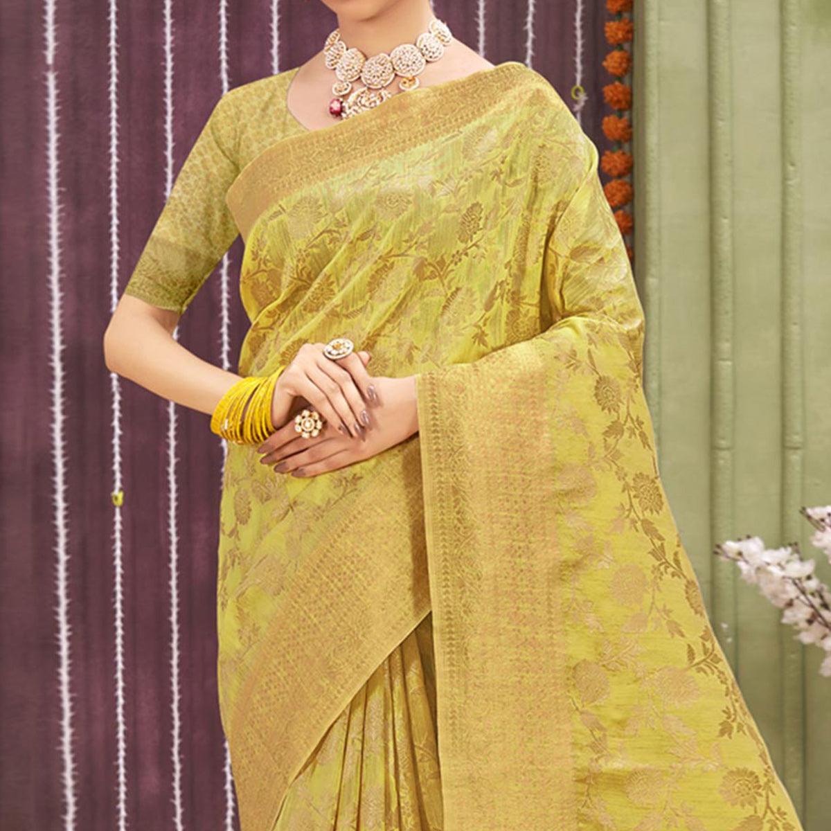 Lemon Green Woven Linen Saree - Peachmode