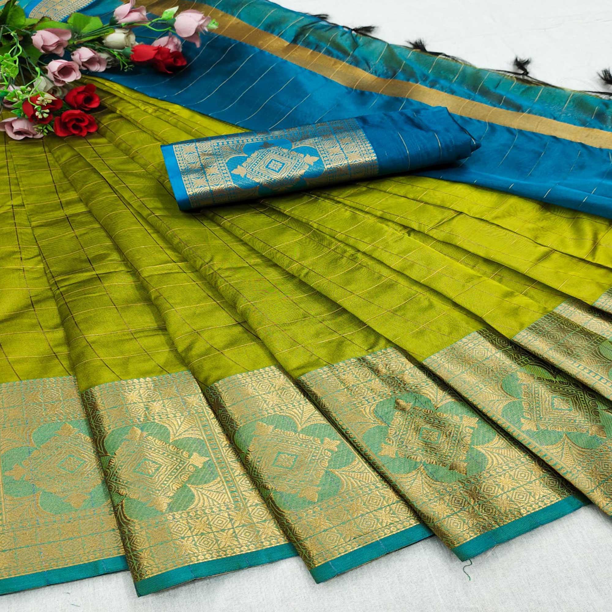 Lemon Green Woven Organza Saree - Peachmode