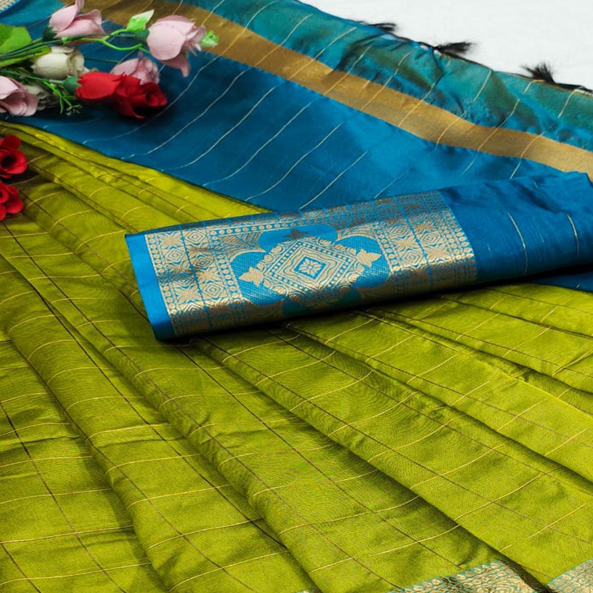 Lemon Green Woven Organza Saree - Peachmode