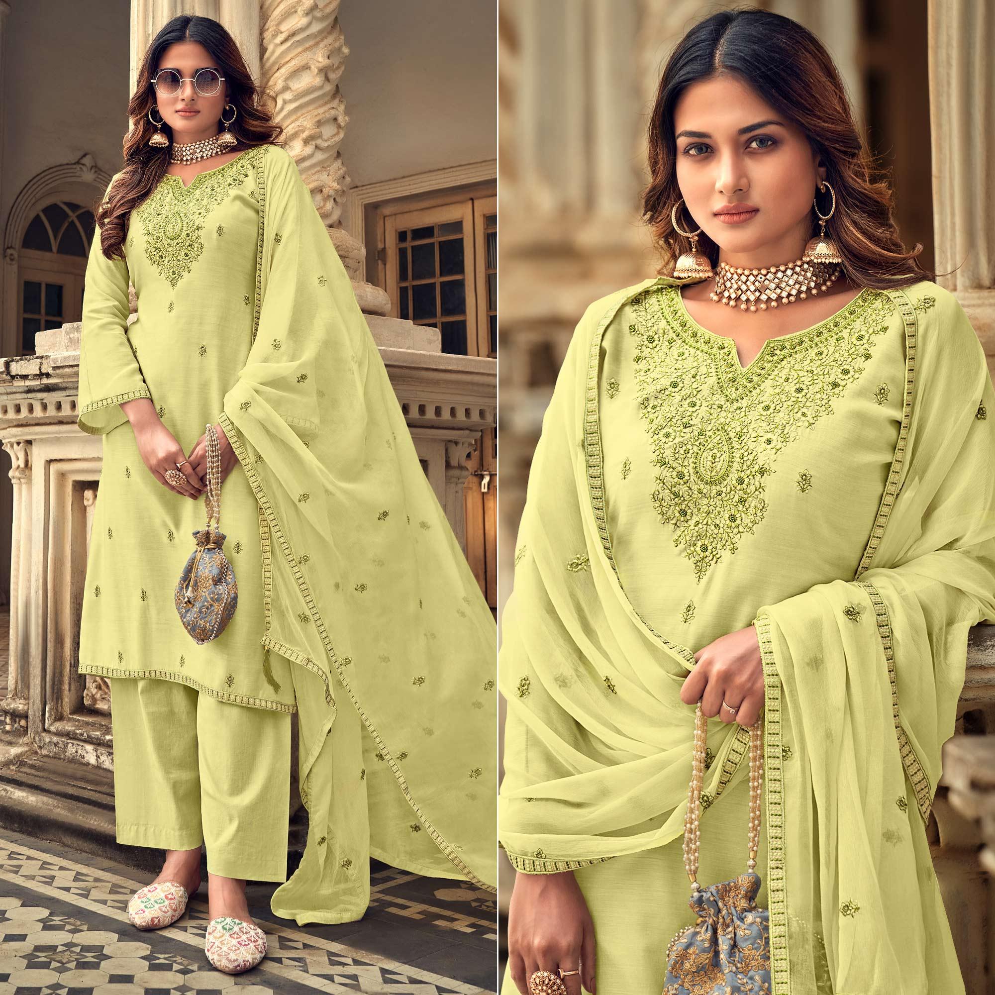 Lemon Party Wear Embroidered Muslin Suit - Peachmode