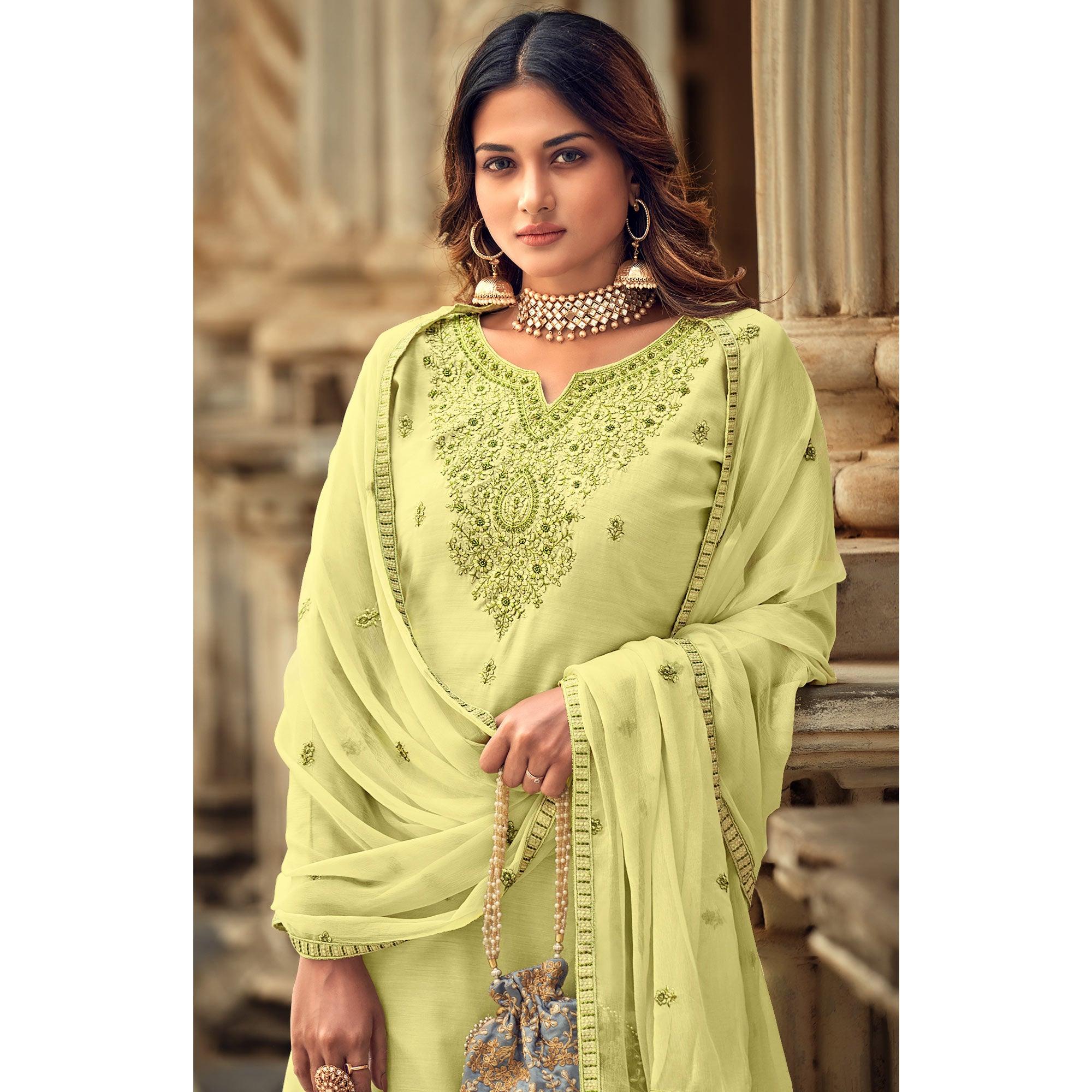 Lemon Party Wear Embroidered Muslin Suit - Peachmode