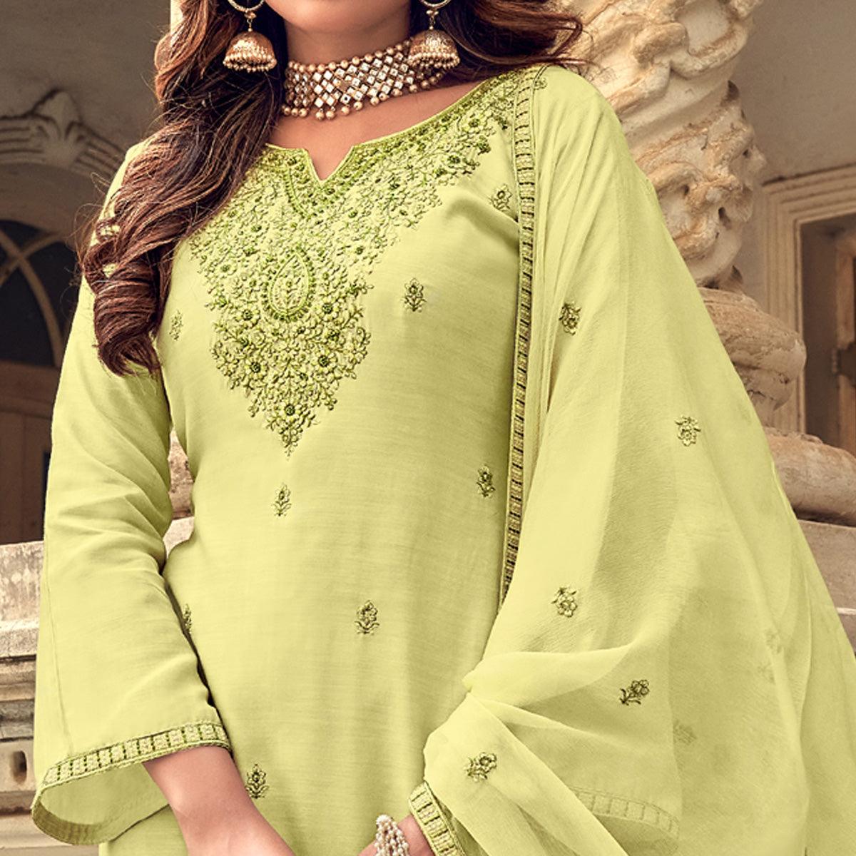 Lemon Party Wear Embroidered Muslin Suit - Peachmode