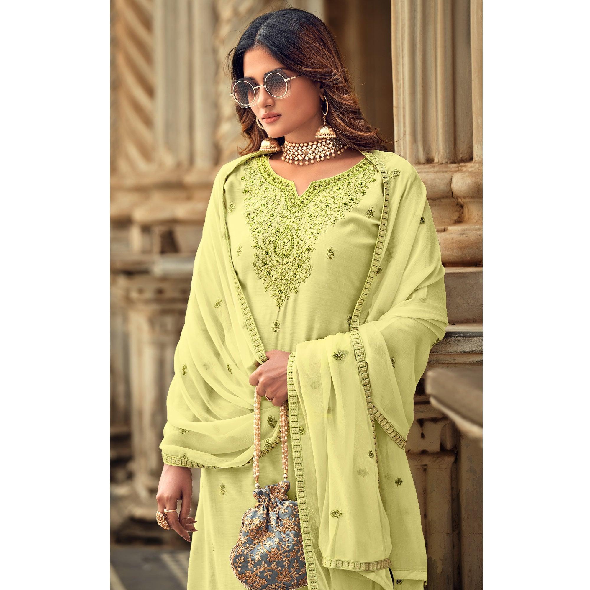 Lemon Party Wear Embroidered Muslin Suit - Peachmode