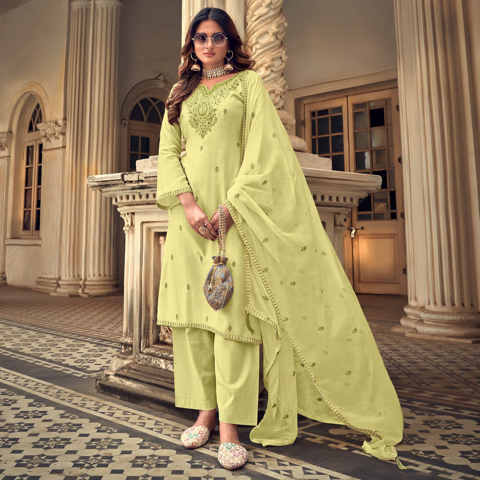 Lemon Party Wear Embroidered Muslin Suit - Peachmode