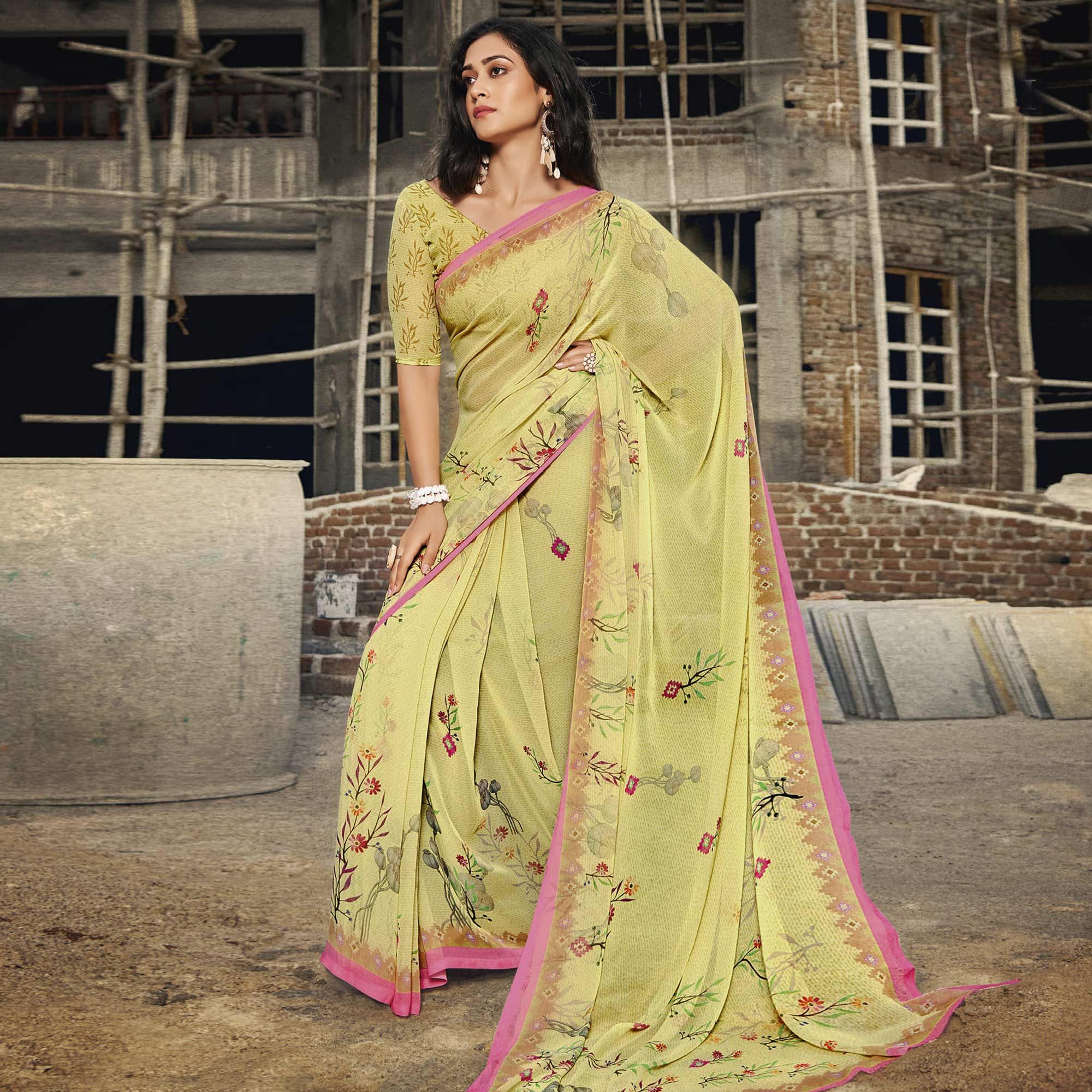 Lemon Yellow Casual Wear Floral Printed Georgette Saree - Peachmode