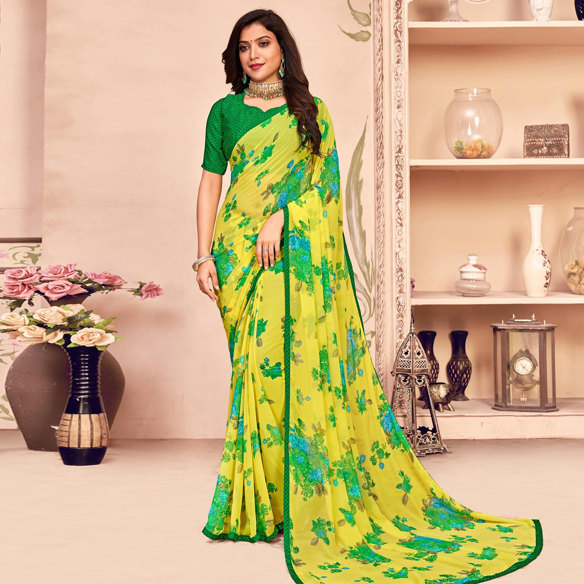 Lemon Yellow Casual Wear Floral Printed Georgette Saree - Peachmode
