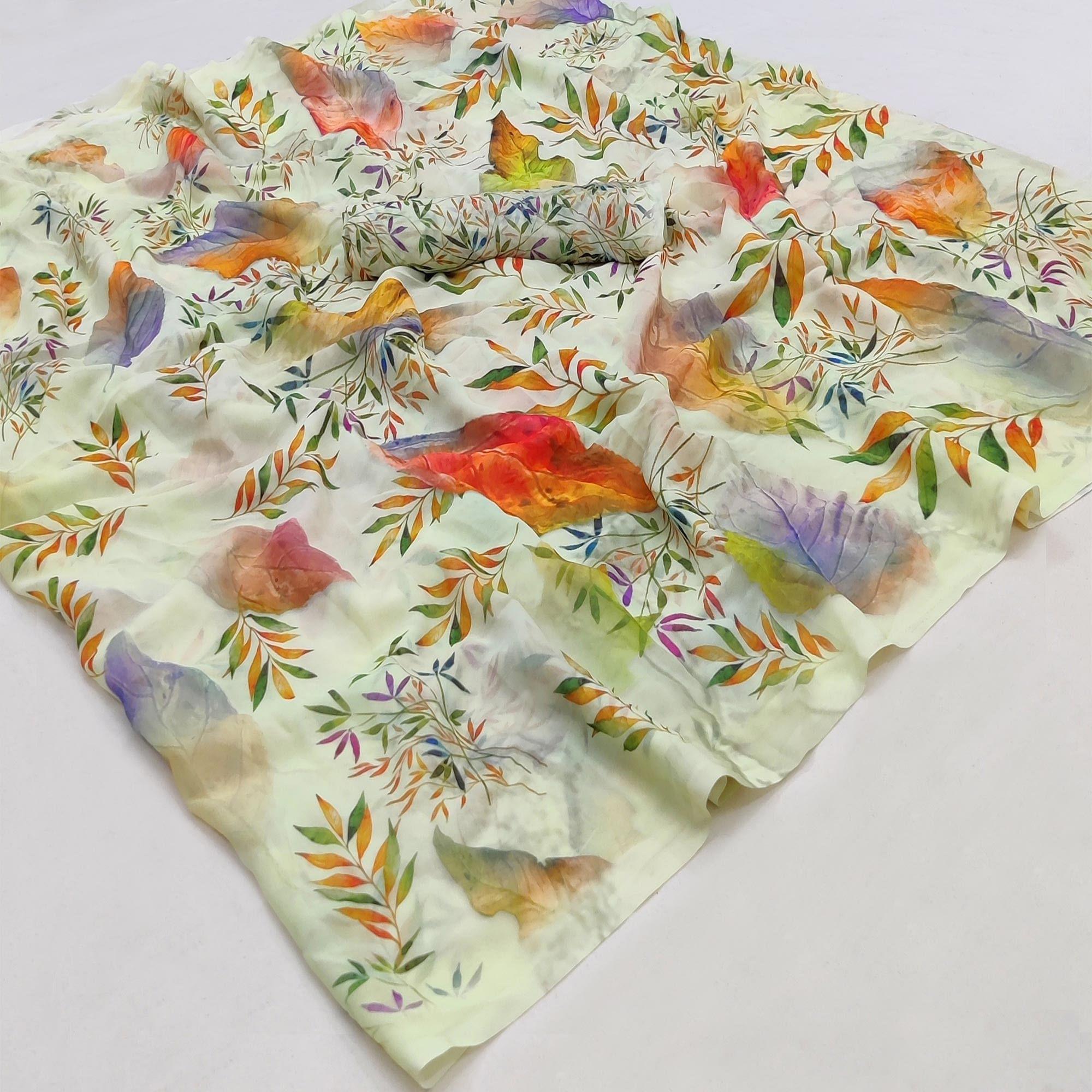 Lemon Yellow Casual Wear Floral Printed Georgette Saree - Peachmode